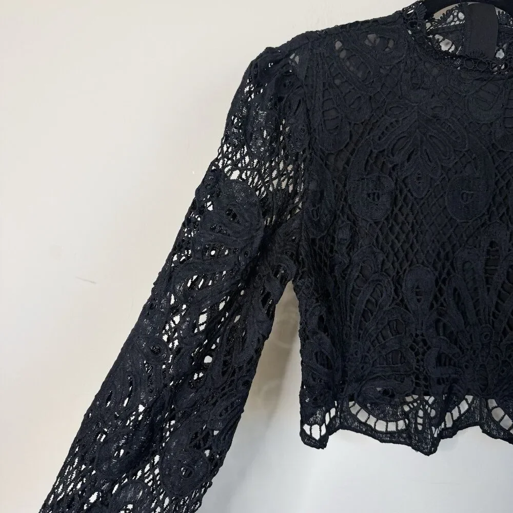Long Sleeve Sheer Black Lace Top Large Fairy Grunge Whimsigoth Dark Coquette - Picture 4 of 12